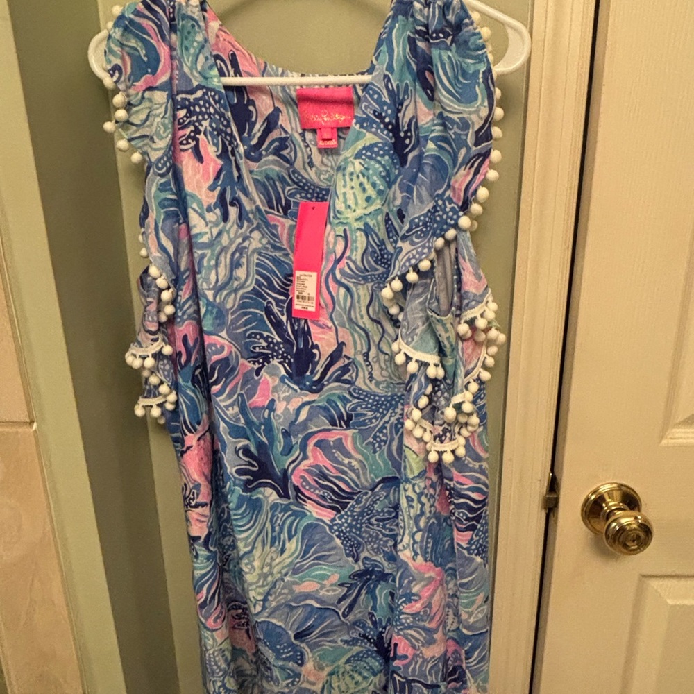 Lilly Pulitzer Astara Blue, Pink, Mint Abstract Print Shift Dress with Pom Trim